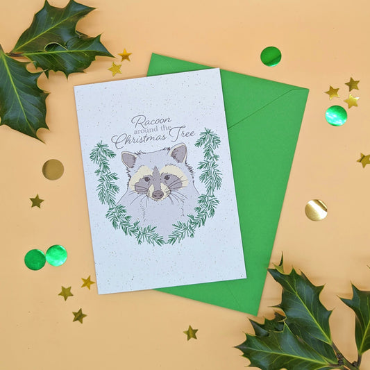 Raccoon Christmas Card - Racoon Around The Christmas Tree